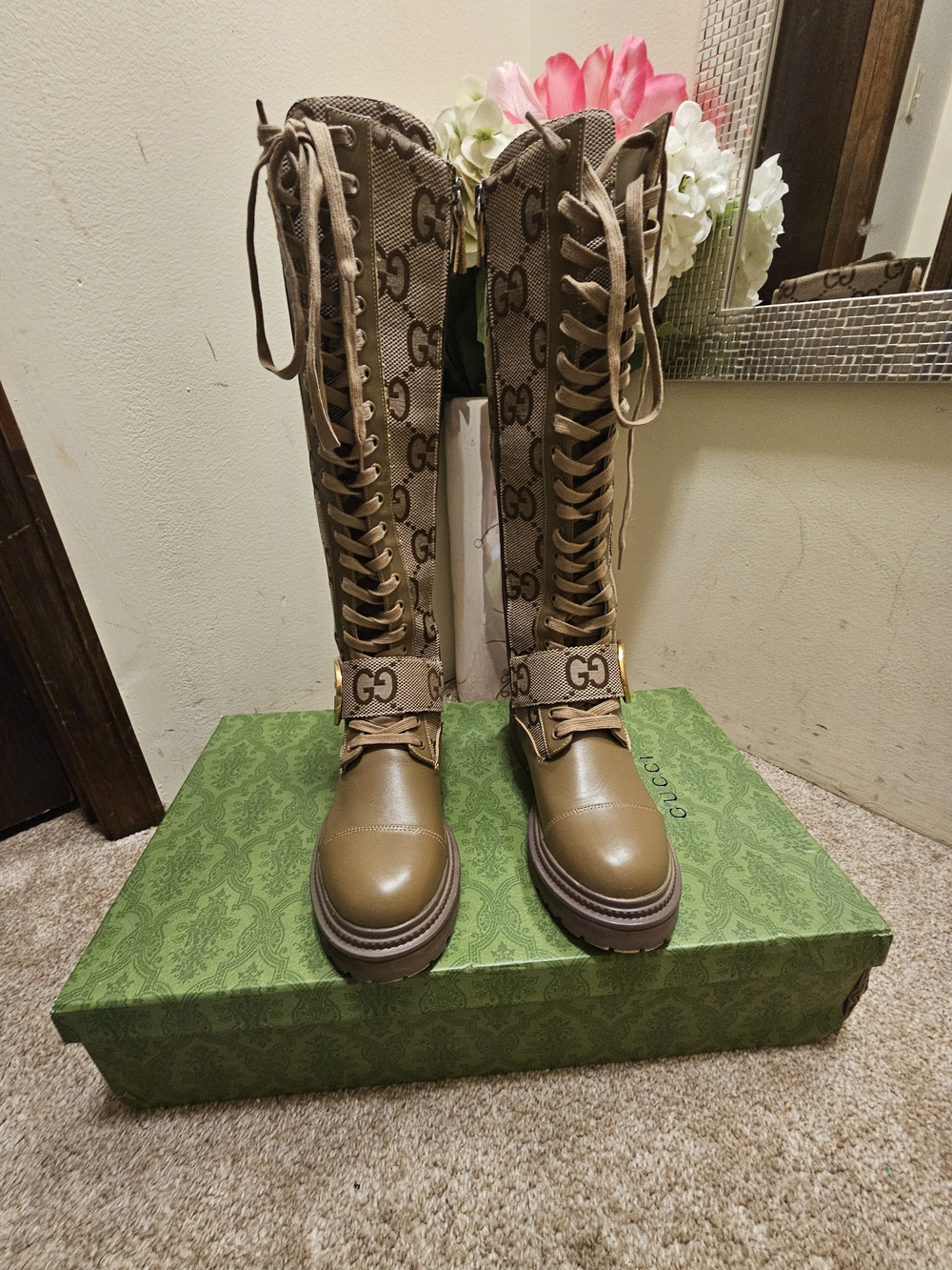Gucci Women's Brown Tall Lace-Up Logo Boots
